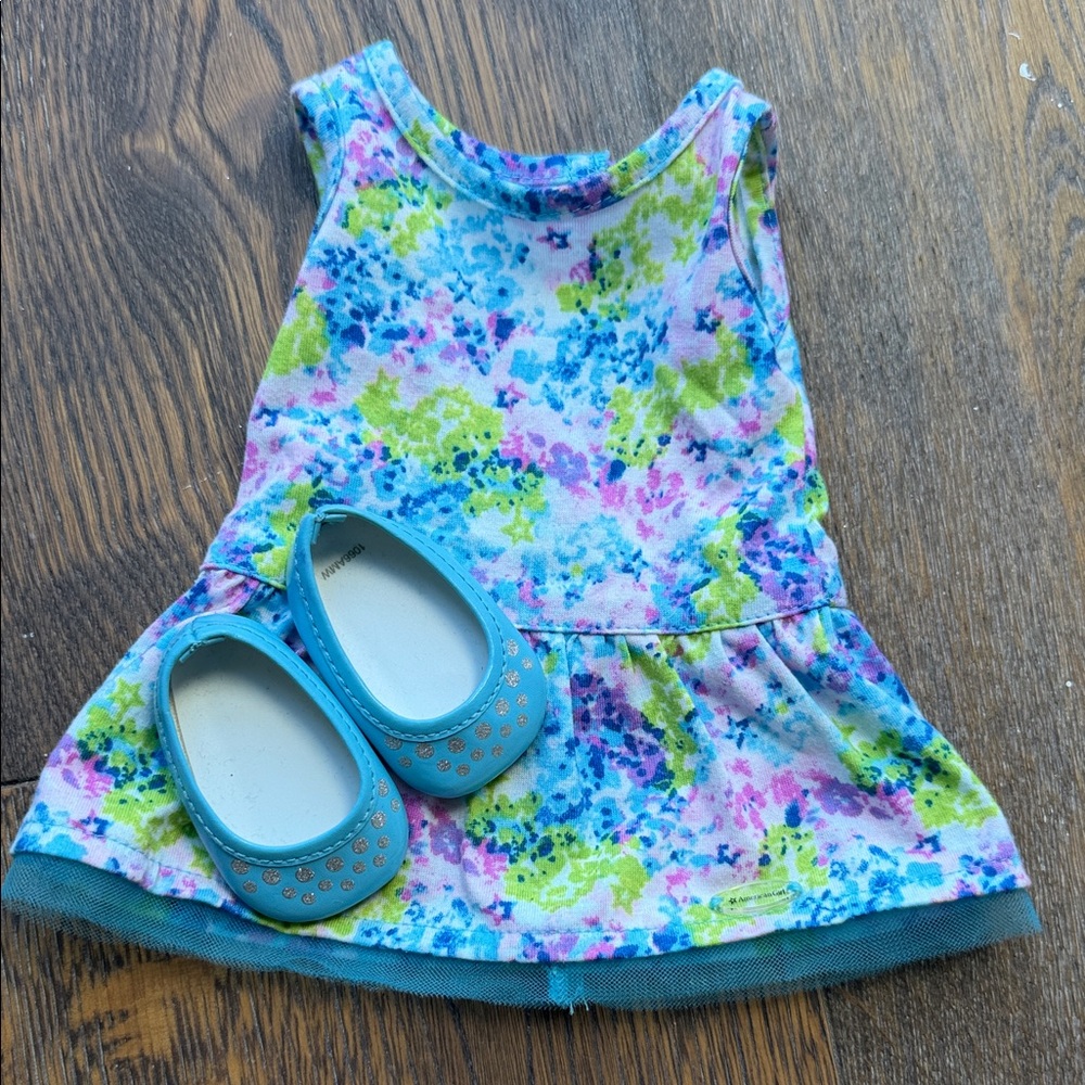 American Girl Doll Outfit, Floral Watercolor Tank Dress with Teal Ballet Flats